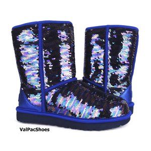 UGG Classic Short Sequin Navy Tonal Fur Boots NEW